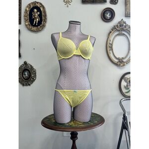 Vintage Warner's Y2K Neon Yellow Sheer Mesh Bra & Panty Lingerie Set 36B Large